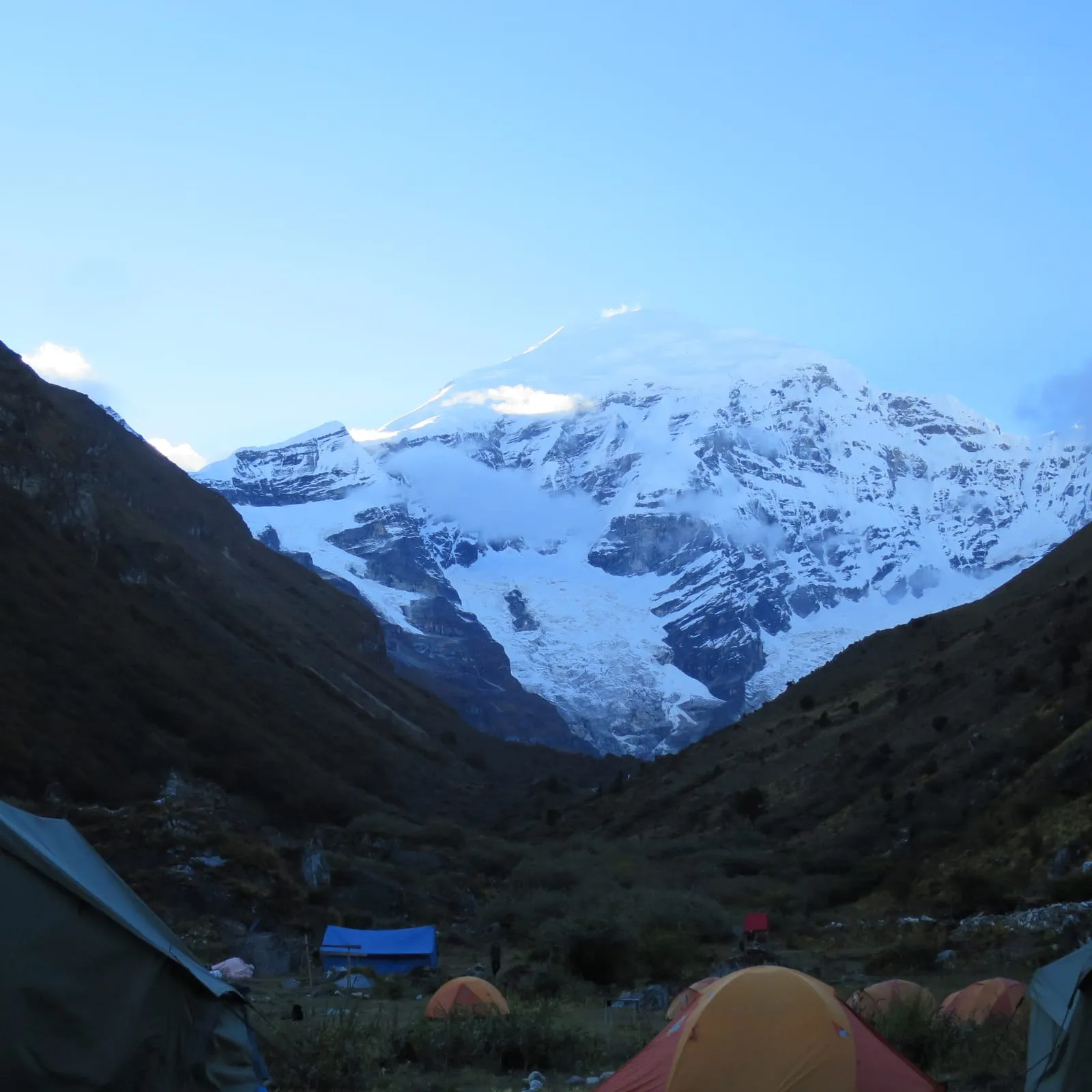 Evening light on Mount Jomolhari above the tents at Jangothang
