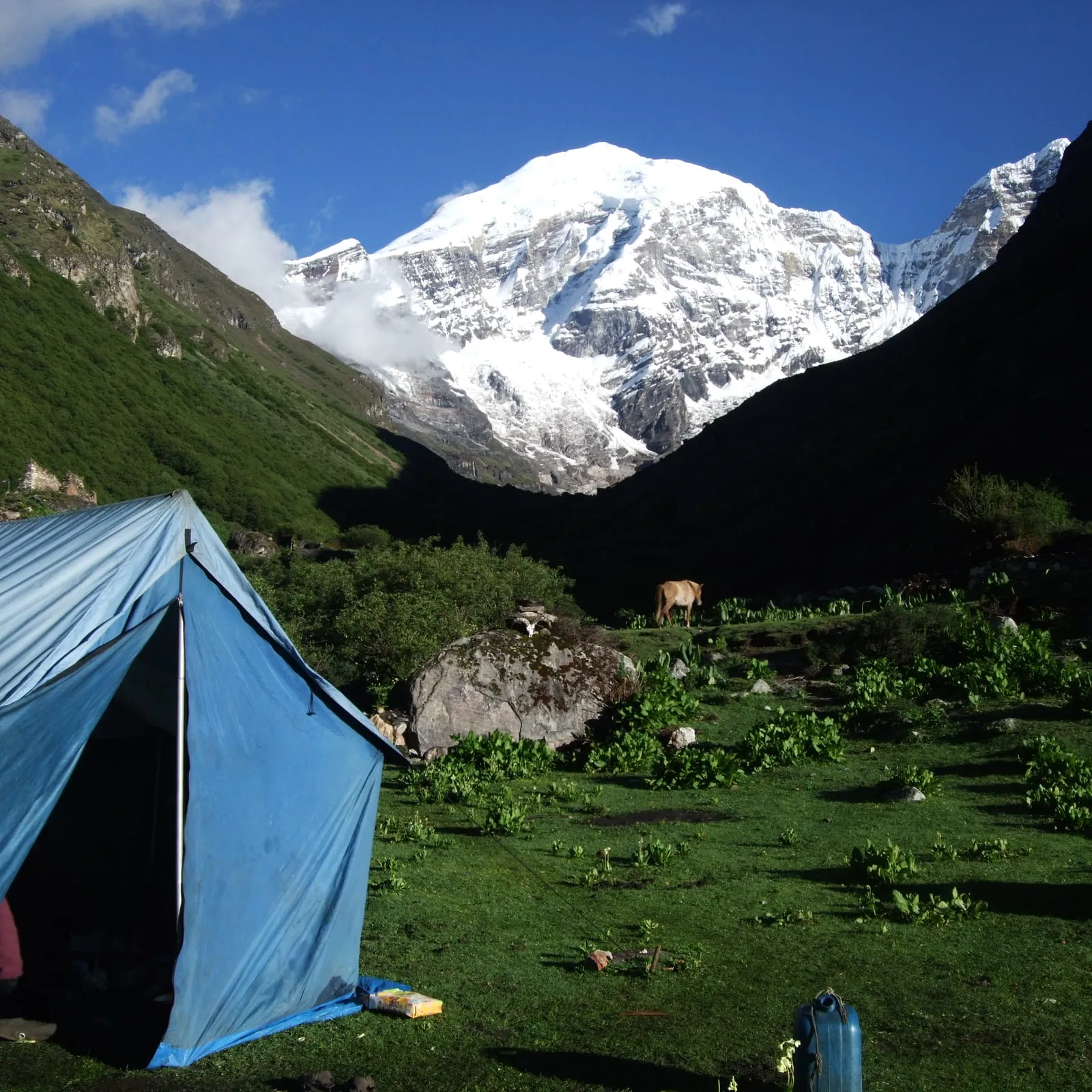 Camp in the meadow at Jangothang beneath Mount Jomolhari