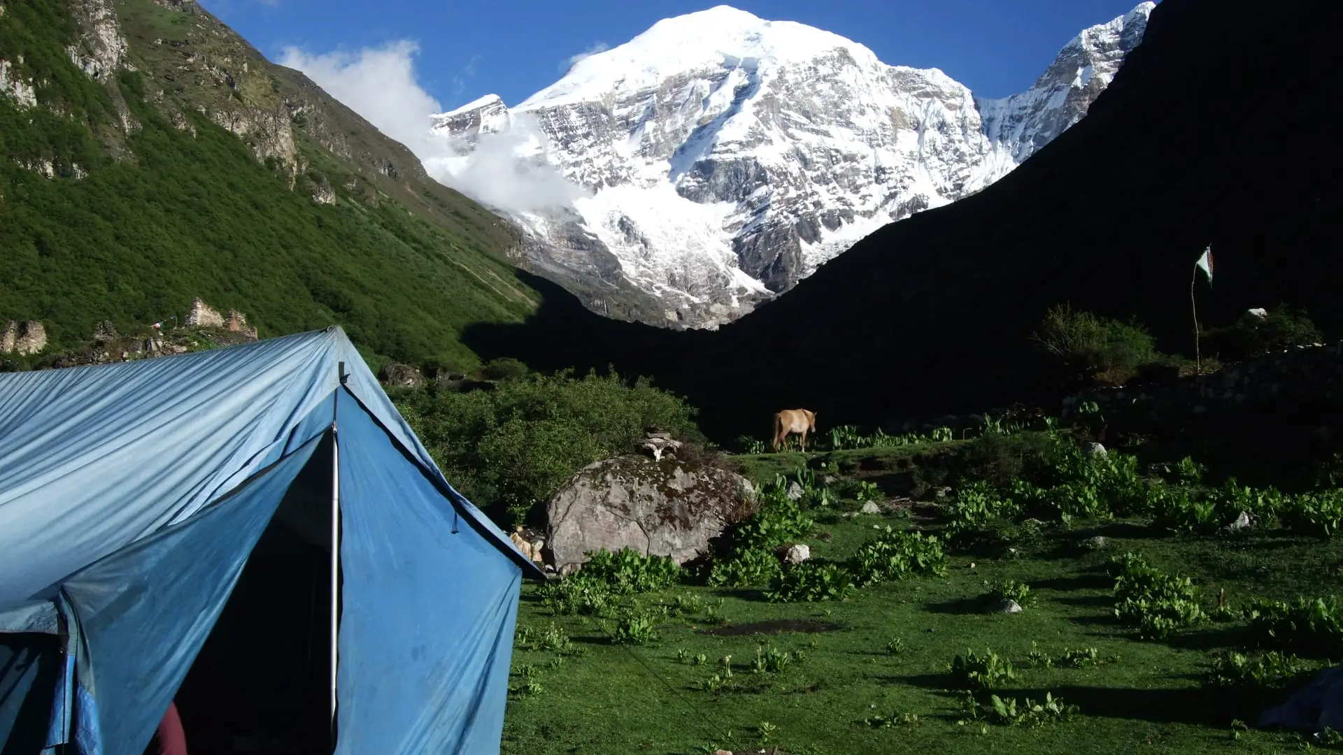 A trekking camp in the meadow at Jangothang beneath Mount Jomolhari