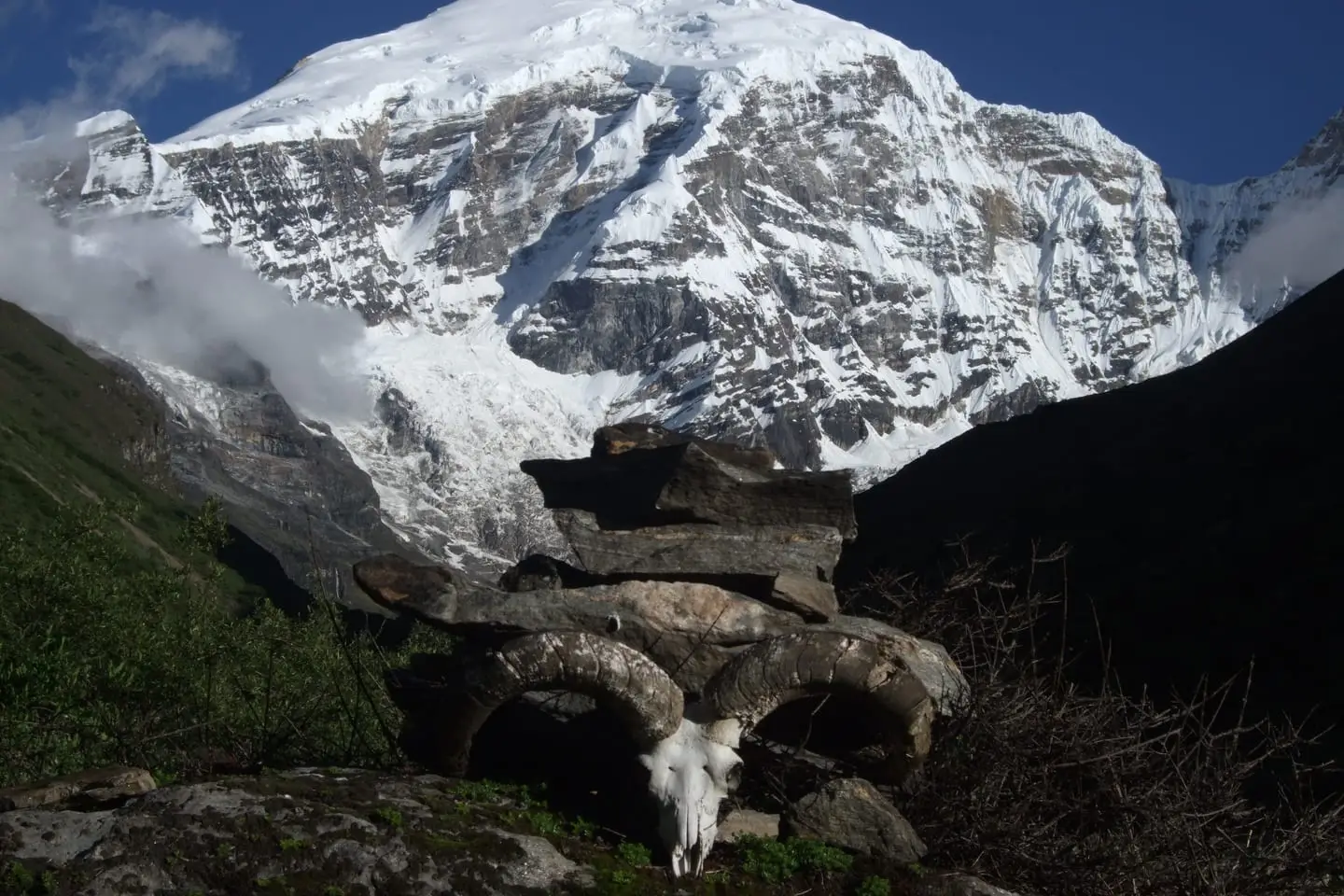 A stone cairn and bharal skull beneath Mount Jomolhari